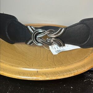 Cleo Black Wide Stretch Belt XL Silver Knot Clasp Faux Leather Front